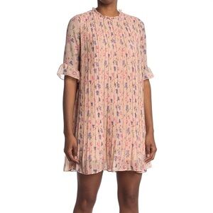 Melloday Plisse Short Sleeve Mini Ruffle Neck Dress In Pink Floral L